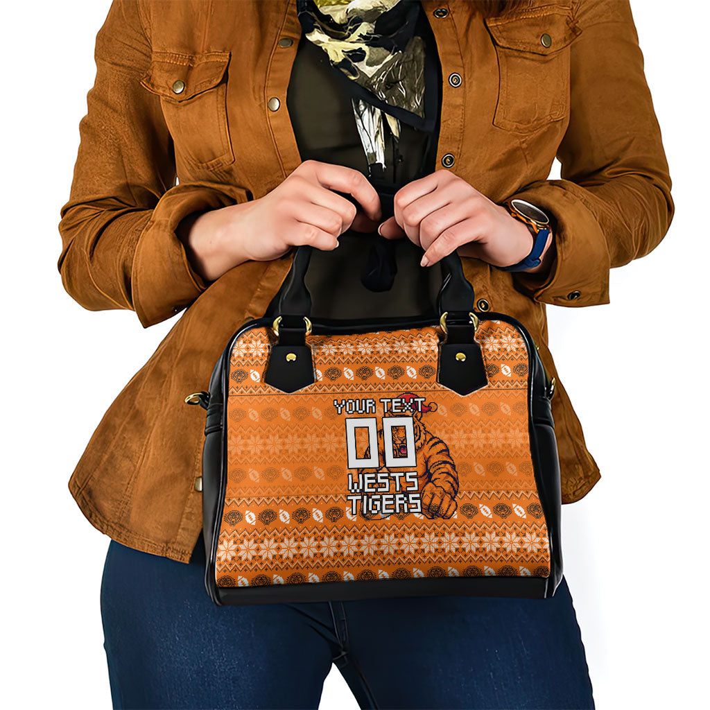 Personalized Wests Tigers Christmas Shoulder Handbag Australian Rugby Fans - Pixelated Ugly Xmas Pattern Mascot Santa