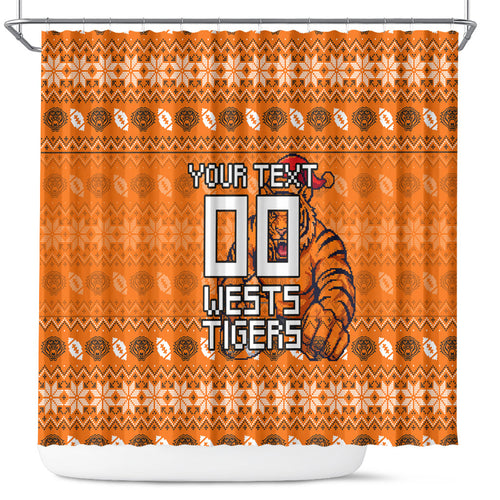 Personalized Wests Tigers Christmas Shower Curtain Australian Rugby Fans - Pixelated Ugly Xmas Pattern Mascot Santa
