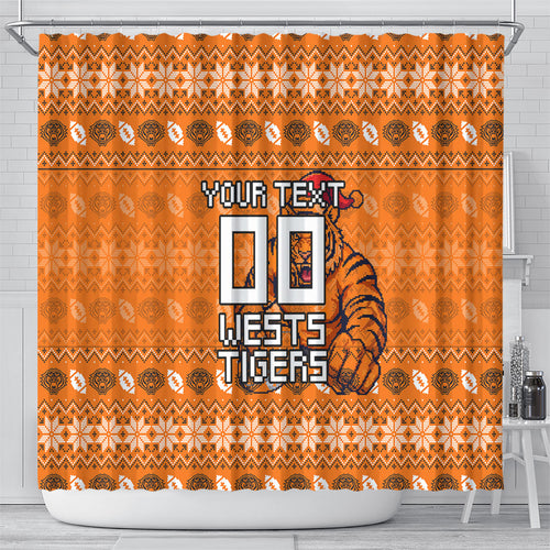 Personalized Wests Tigers Christmas Shower Curtain Australian Rugby Fans - Pixelated Ugly Xmas Pattern Mascot Santa