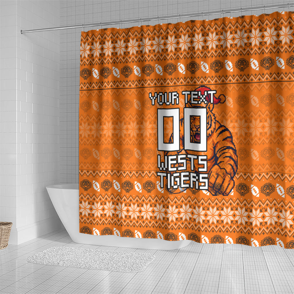 Personalized Wests Tigers Christmas Shower Curtain Australian Rugby Fans - Pixelated Ugly Xmas Pattern Mascot Santa