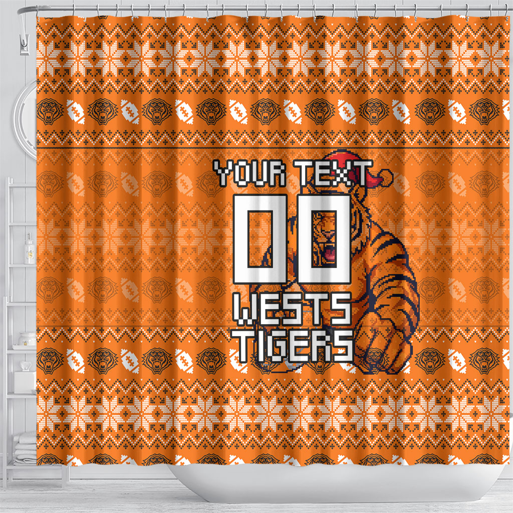Personalized Wests Tigers Christmas Shower Curtain Australian Rugby Fans - Pixelated Ugly Xmas Pattern Mascot Santa