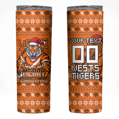 Personalized Wests Tigers Christmas Skinny Tumbler Australian Rugby Fans - Pixelated Ugly Xmas Pattern Mascot Santa