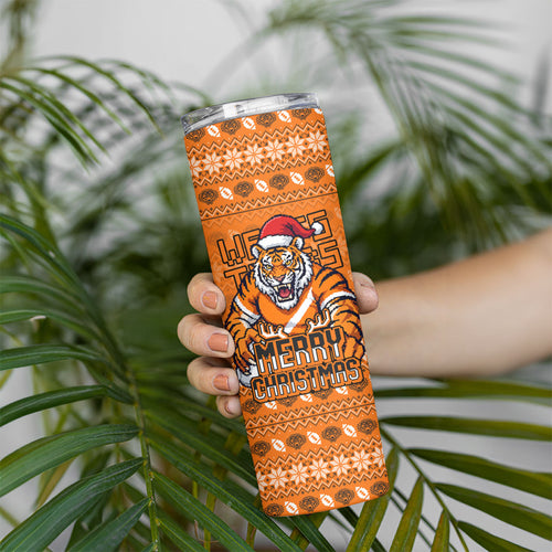 Personalized Wests Tigers Christmas Skinny Tumbler Australian Rugby Fans - Pixelated Ugly Xmas Pattern Mascot Santa