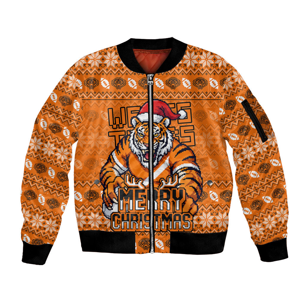 Personalized Wests Tigers Christmas Sleeve Zip Bomber Jacket Australian Rugby Fans - Pixelated Ugly Xmas Pattern Mascot Santa