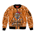 Personalized Wests Tigers Christmas Sleeve Zip Bomber Jacket Australian Rugby Fans - Pixelated Ugly Xmas Pattern Mascot Santa