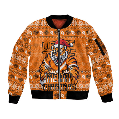 Personalized Wests Tigers Christmas Sleeve Zip Bomber Jacket Australian Rugby Fans - Pixelated Ugly Xmas Pattern Mascot Santa