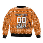 Personalized Wests Tigers Christmas Sleeve Zip Bomber Jacket Australian Rugby Fans - Pixelated Ugly Xmas Pattern Mascot Santa