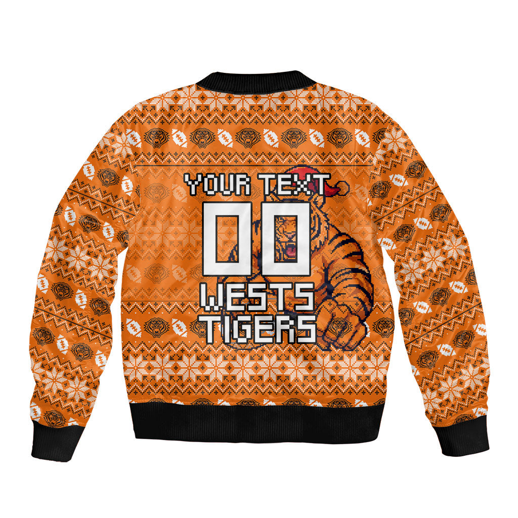 Personalized Wests Tigers Christmas Sleeve Zip Bomber Jacket Australian Rugby Fans - Pixelated Ugly Xmas Pattern Mascot Santa