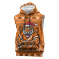 Personalized Wests Tigers Christmas Sleeveless Hoodie Australian Rugby Fans - Pixelated Ugly Xmas Pattern Mascot Santa