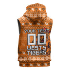 Personalized Wests Tigers Christmas Sleeveless Hoodie Australian Rugby Fans - Pixelated Ugly Xmas Pattern Mascot Santa