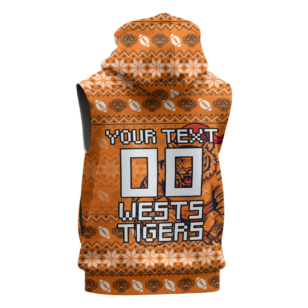 Personalized Wests Tigers Christmas Sleeveless Hoodie Australian Rugby Fans - Pixelated Ugly Xmas Pattern Mascot Santa