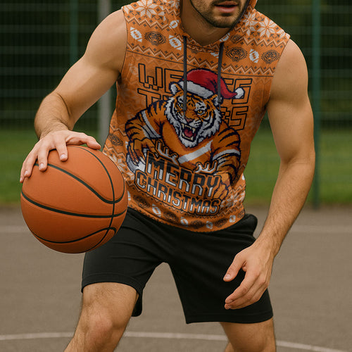 Personalized Wests Tigers Christmas Sleeveless Hoodie Australian Rugby Fans - Pixelated Ugly Xmas Pattern Mascot Santa