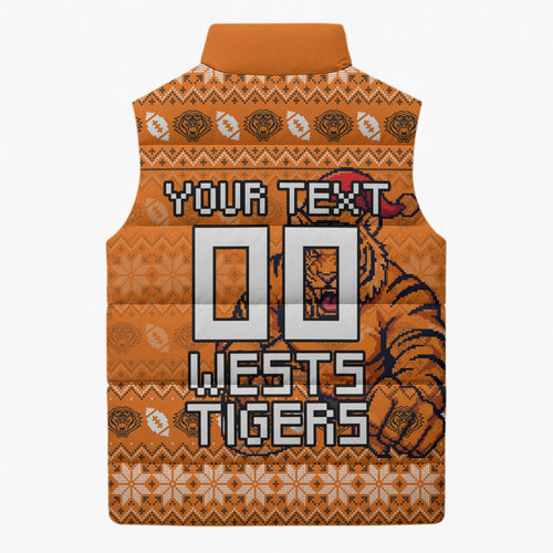 Personalized Wests Tigers Christmas Sleeveless Puffer Jacket Australian Rugby Fans - Pixelated Ugly Xmas Pattern Mascot Santa