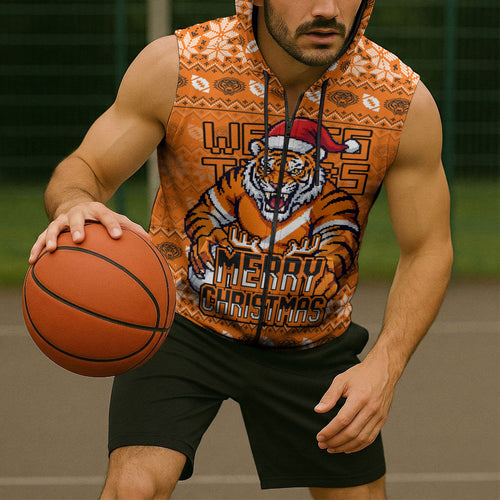 Personalized Wests Tigers Christmas Sleeveless Zip Hoodie Australian Rugby Fans - Pixelated Ugly Xmas Pattern Mascot Santa