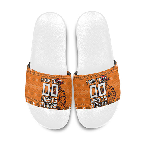 Personalized Wests Tigers Christmas Slide Sandals Australian Rugby Fans - Pixelated Ugly Xmas Pattern Mascot Santa