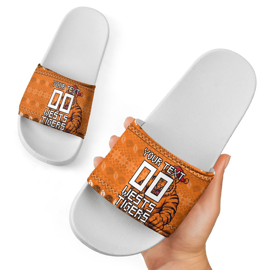 Personalized Wests Tigers Christmas Slide Sandals Australian Rugby Fans - Pixelated Ugly Xmas Pattern Mascot Santa