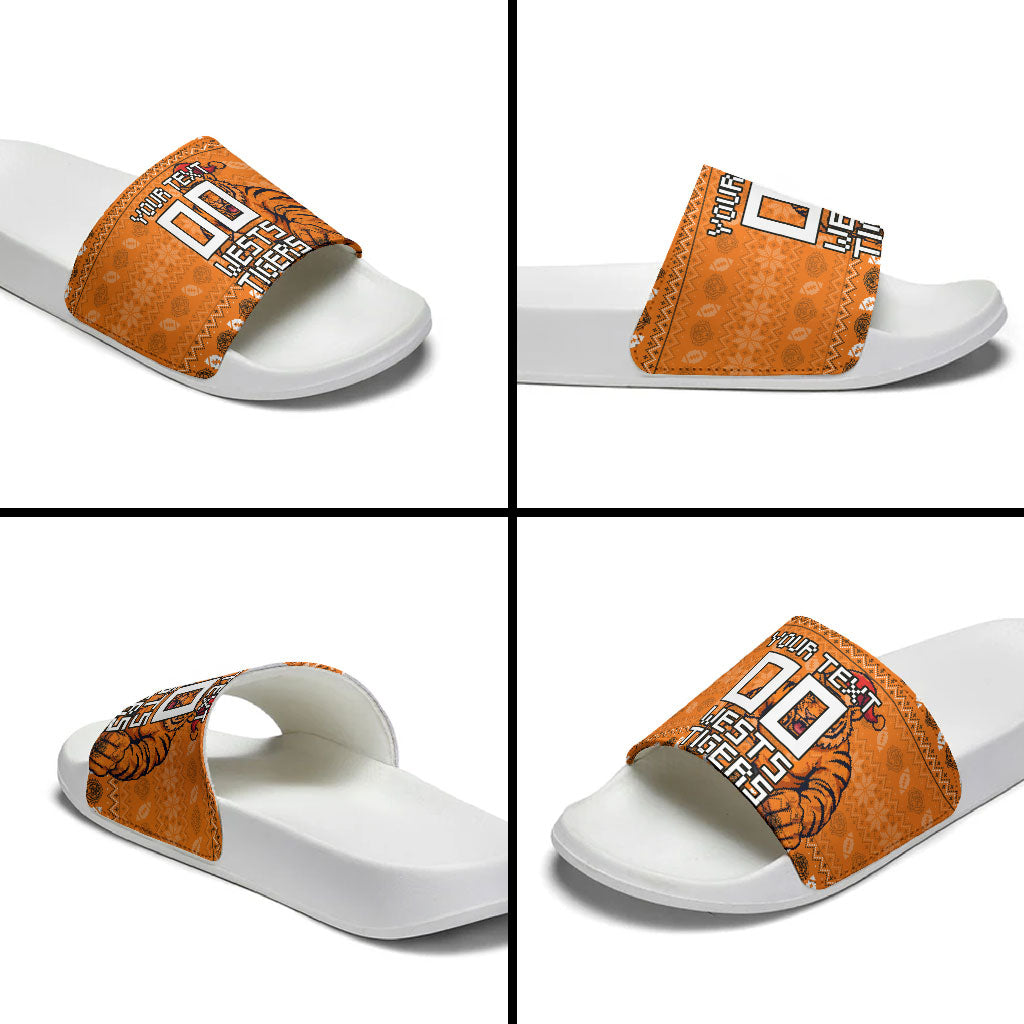 Personalized Wests Tigers Christmas Slide Sandals Australian Rugby Fans - Pixelated Ugly Xmas Pattern Mascot Santa