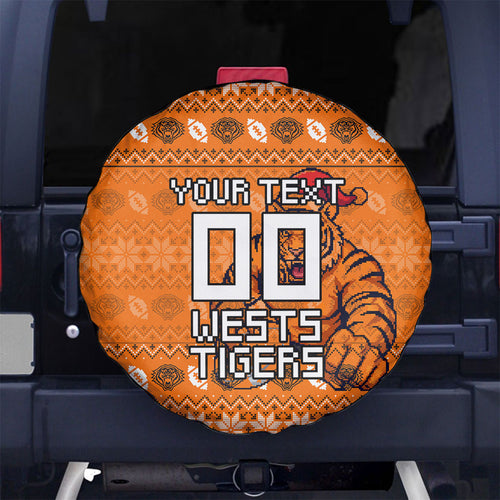 Personalized Wests Tigers Christmas Spare Tire Cover Australian Rugby Fans - Pixelated Ugly Xmas Pattern Mascot Santa