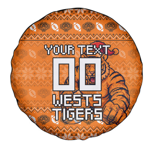 Personalized Wests Tigers Christmas Spare Tire Cover Australian Rugby Fans - Pixelated Ugly Xmas Pattern Mascot Santa