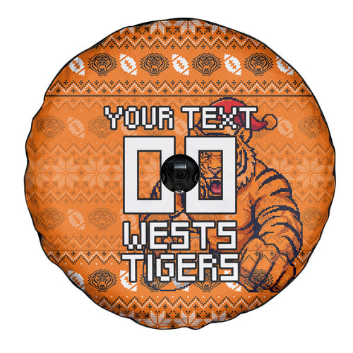 Personalized Wests Tigers Christmas Spare Tire Cover Australian Rugby Fans - Pixelated Ugly Xmas Pattern Mascot Santa