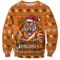 Personalized Wests Tigers Christmas Sweatshirt Australian Rugby Fans - Pixelated Ugly Xmas Pattern Mascot Santa