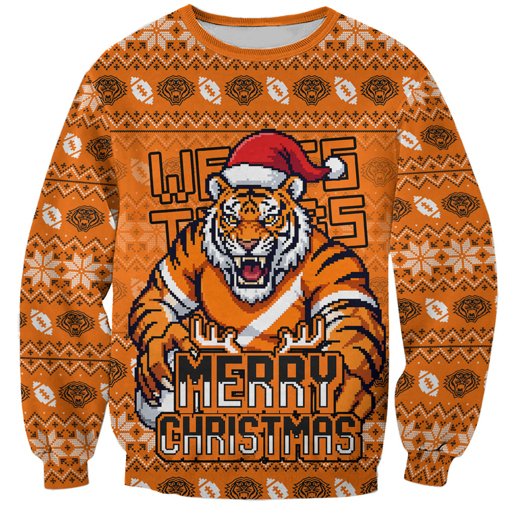 Personalized Wests Tigers Christmas Sweatshirt Australian Rugby Fans - Pixelated Ugly Xmas Pattern Mascot Santa