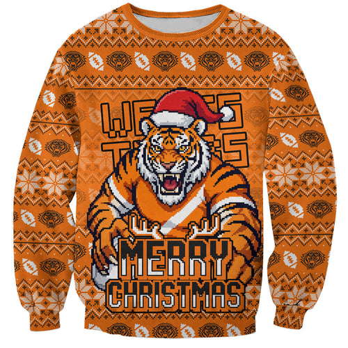 Personalized Wests Tigers Christmas Sweatshirt Australian Rugby Fans - Pixelated Ugly Xmas Pattern Mascot Santa