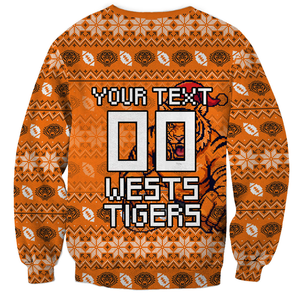 Personalized Wests Tigers Christmas Sweatshirt Australian Rugby Fans - Pixelated Ugly Xmas Pattern Mascot Santa