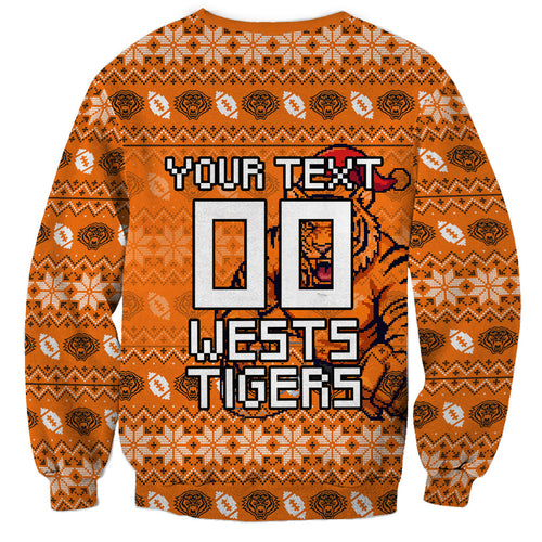 Personalized Wests Tigers Christmas Sweatshirt Australian Rugby Fans - Pixelated Ugly Xmas Pattern Mascot Santa