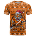 Personalized Wests Tigers Christmas T Shirt Australian Rugby Fans - Pixelated Ugly Xmas Pattern Mascot Santa