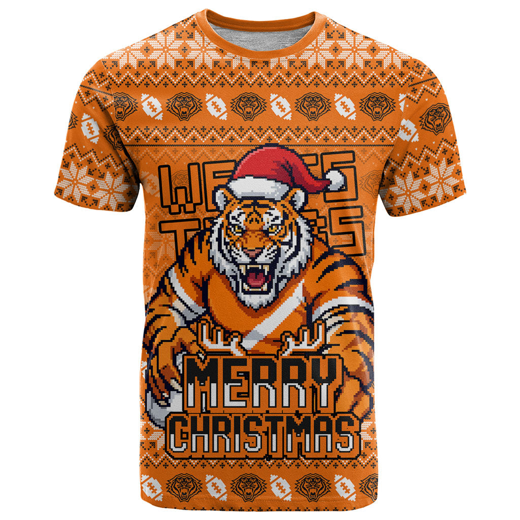 Personalized Wests Tigers Christmas T Shirt Australian Rugby Fans - Pixelated Ugly Xmas Pattern Mascot Santa