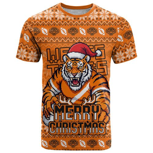 Personalized Wests Tigers Christmas T Shirt Australian Rugby Fans - Pixelated Ugly Xmas Pattern Mascot Santa