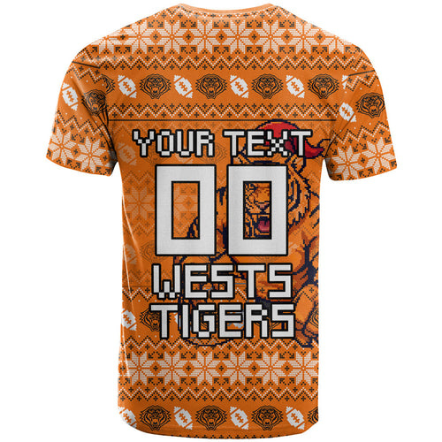 Personalized Wests Tigers Christmas T Shirt Australian Rugby Fans - Pixelated Ugly Xmas Pattern Mascot Santa