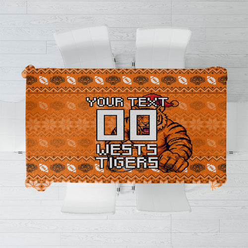 Personalized Wests Tigers Christmas Tablecloth Australian Rugby Fans - Pixelated Ugly Xmas Pattern Mascot Santa