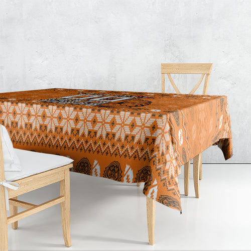 Personalized Wests Tigers Christmas Tablecloth Australian Rugby Fans - Pixelated Ugly Xmas Pattern Mascot Santa