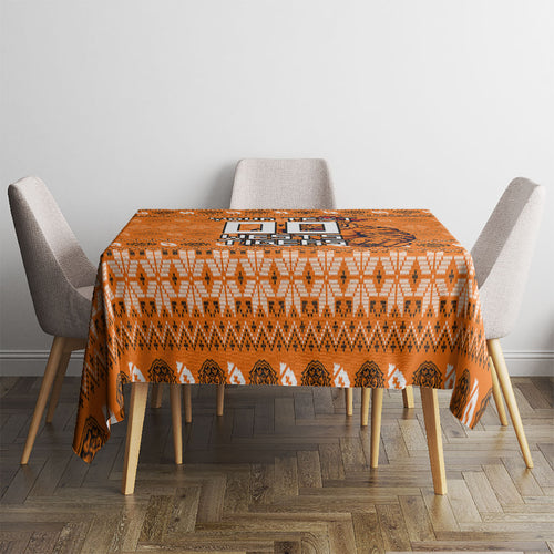 Personalized Wests Tigers Christmas Tablecloth Australian Rugby Fans - Pixelated Ugly Xmas Pattern Mascot Santa