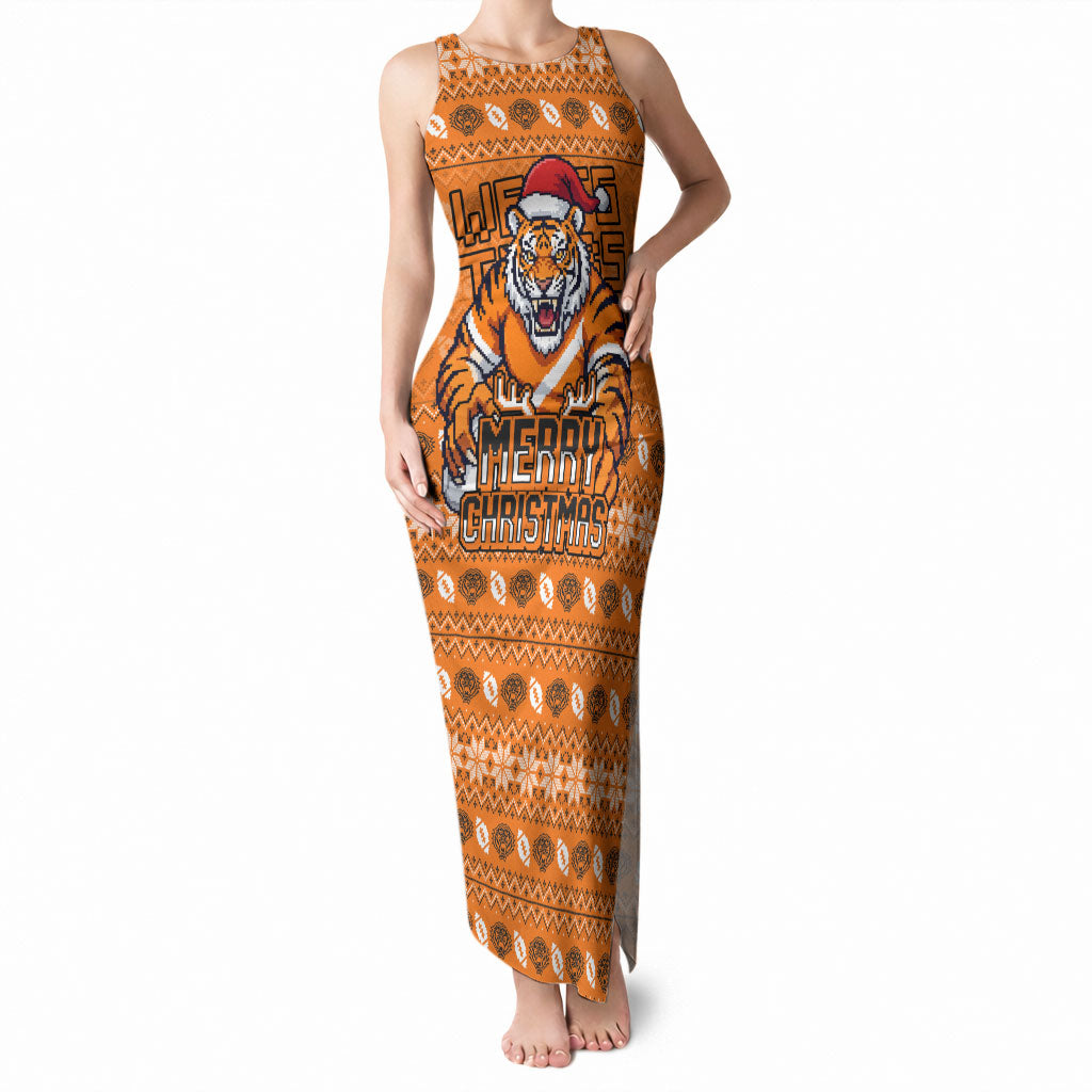 Personalized Wests Tigers Christmas Tank Maxi Dress Australian Rugby Fans - Pixelated Ugly Xmas Pattern Mascot Santa