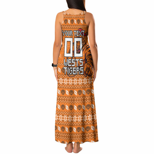 Personalized Wests Tigers Christmas Tank Maxi Dress Australian Rugby Fans - Pixelated Ugly Xmas Pattern Mascot Santa