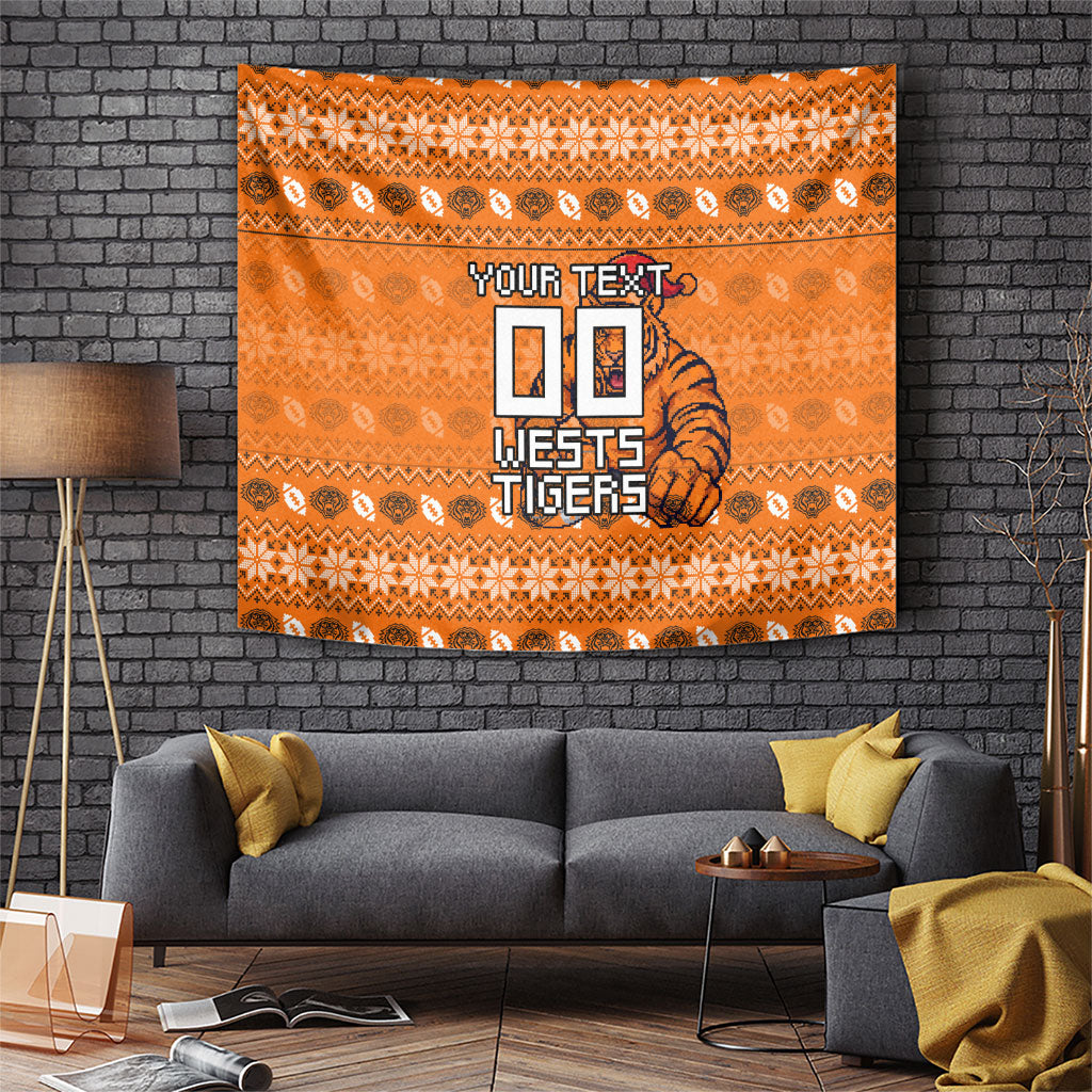 Personalized Wests Tigers Christmas Tapestry Australian Rugby Fans - Pixelated Ugly Xmas Pattern Mascot Santa