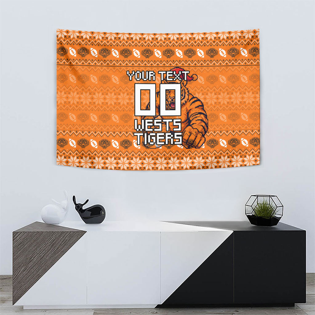 Personalized Wests Tigers Christmas Tapestry Australian Rugby Fans - Pixelated Ugly Xmas Pattern Mascot Santa
