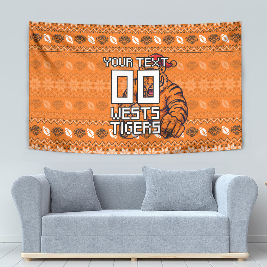 Personalized Wests Tigers Christmas Tapestry Australian Rugby Fans - Pixelated Ugly Xmas Pattern Mascot Santa