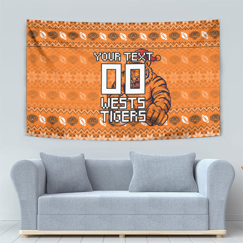 Personalized Wests Tigers Christmas Tapestry Australian Rugby Fans - Pixelated Ugly Xmas Pattern Mascot Santa