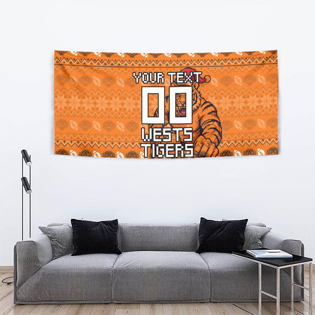 Personalized Wests Tigers Christmas Tapestry Australian Rugby Fans - Pixelated Ugly Xmas Pattern Mascot Santa