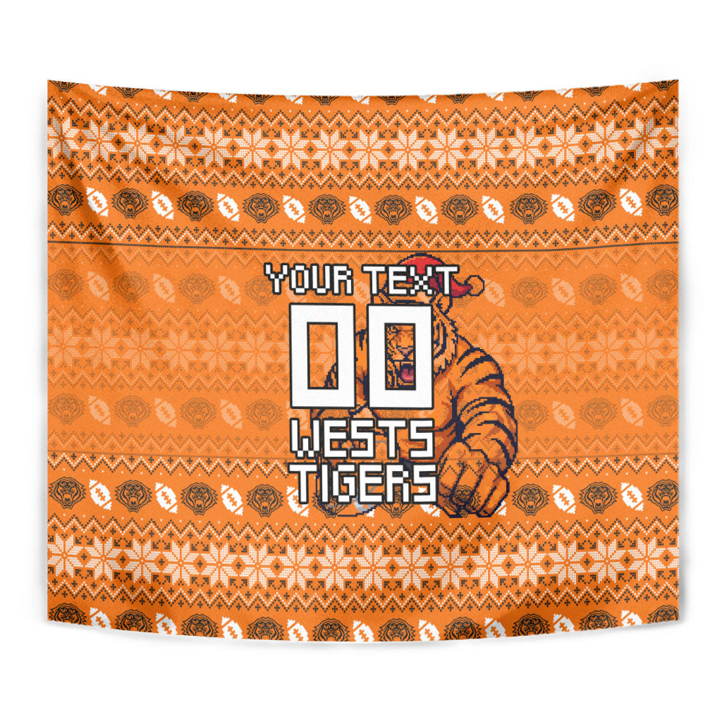 Personalized Wests Tigers Christmas Tapestry Australian Rugby Fans - Pixelated Ugly Xmas Pattern Mascot Santa
