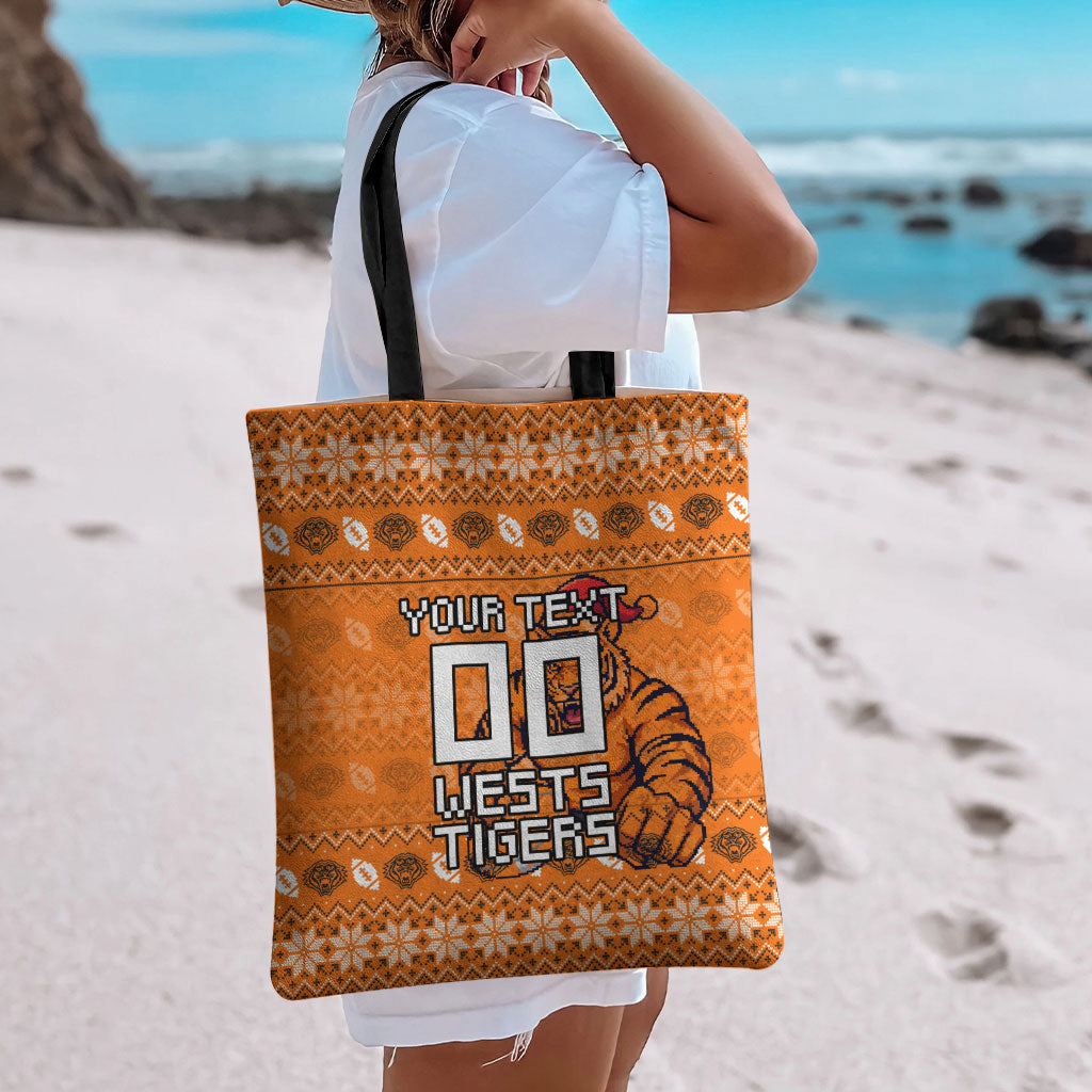Personalized Wests Tigers Christmas Tote Bag Australian Rugby Fans - Pixelated Ugly Xmas Pattern Mascot Santa