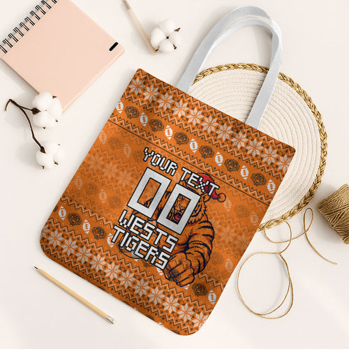 Personalized Wests Tigers Christmas Tote Bag Australian Rugby Fans - Pixelated Ugly Xmas Pattern Mascot Santa