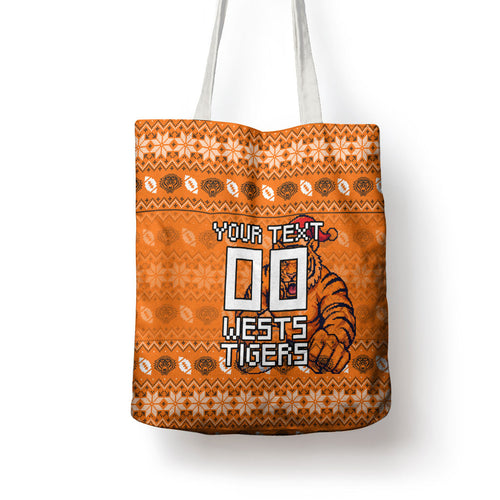 Personalized Wests Tigers Christmas Tote Bag Australian Rugby Fans - Pixelated Ugly Xmas Pattern Mascot Santa