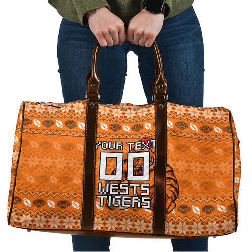 Personalized Wests Tigers Christmas Travel Bag Australian Rugby Fans - Pixelated Ugly Xmas Pattern Mascot Santa