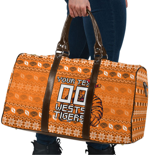 Personalized Wests Tigers Christmas Travel Bag Australian Rugby Fans - Pixelated Ugly Xmas Pattern Mascot Santa