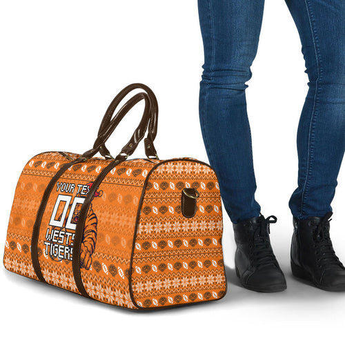 Personalized Wests Tigers Christmas Travel Bag Australian Rugby Fans - Pixelated Ugly Xmas Pattern Mascot Santa